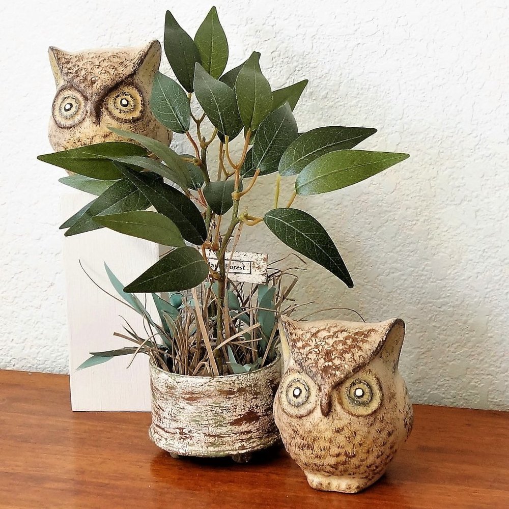 Handpainted Owls Set of 2 Woodland Forest Animals Cabin Decor